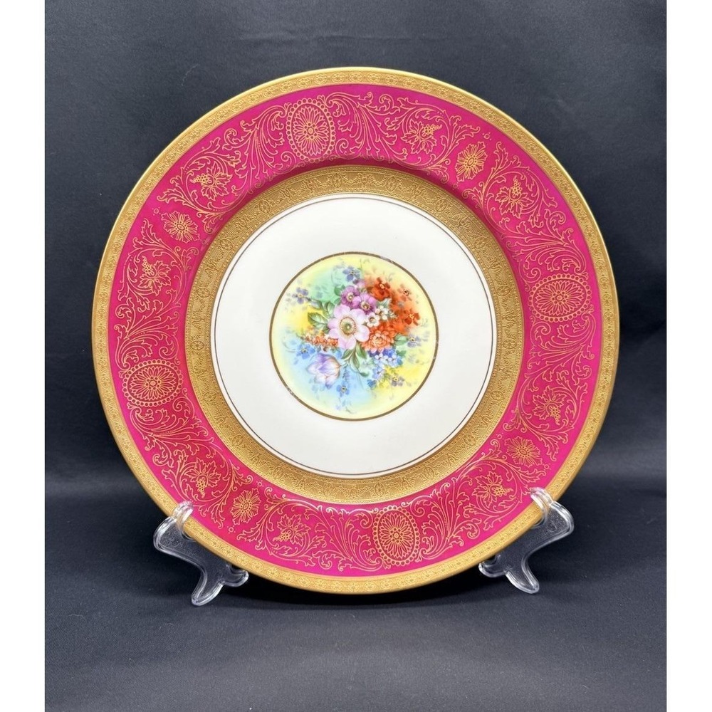 Heinrich Selb Bavaria Pickard Gold, Red Flowers 11" Dinner Plate